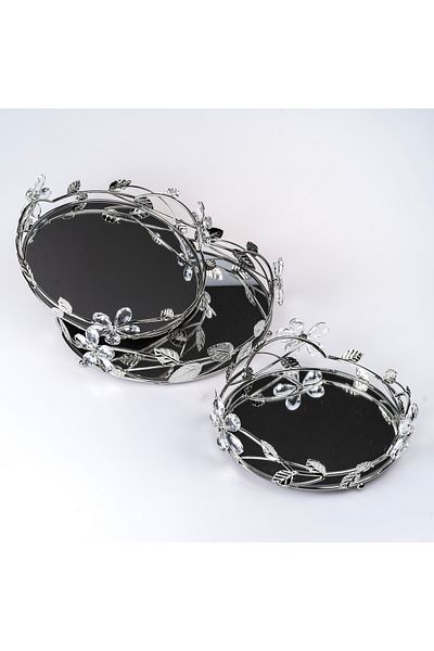 Hinora Flower Model Stone 3-Piece Stylish Mirrored Tray Set Presentation Decorative Tray