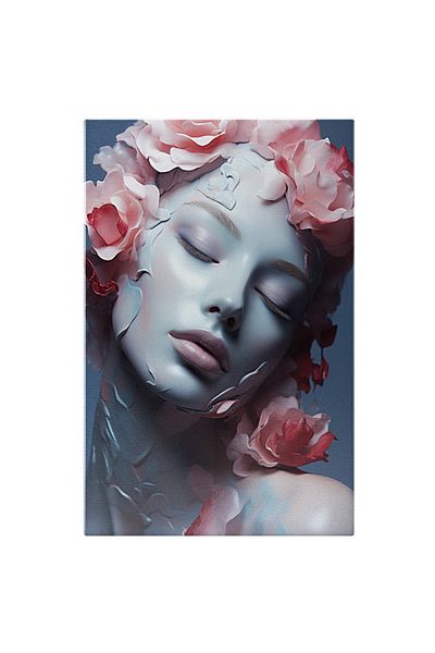 StoryGift Romania Tablou Canvas: Portret Feminin Frumusete Chip Pictat Albastrui Si Buze Mari Cu Flori Asezate I