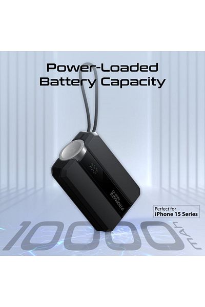Promate Power Bank 30W with Built-in USB-C Cable - 10000mAh - Black - Neo-10
