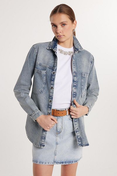 Tudors Cămașă din denim cu mânecă lungă, cu buzunare duble, cu croială relaxată
