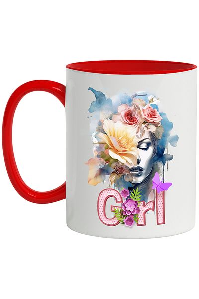 StoryGift Romania Mug With Message In English Girl, Flowers, Butterflies, Leaves, Face, Multicolor 330 ml, , With ,STG