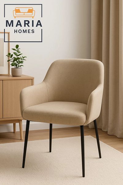 MARIA HOMES Beige Fabric Armchair – Upholstered Lounge Chair with Armrests & Black Metal Legs for Home or Office
