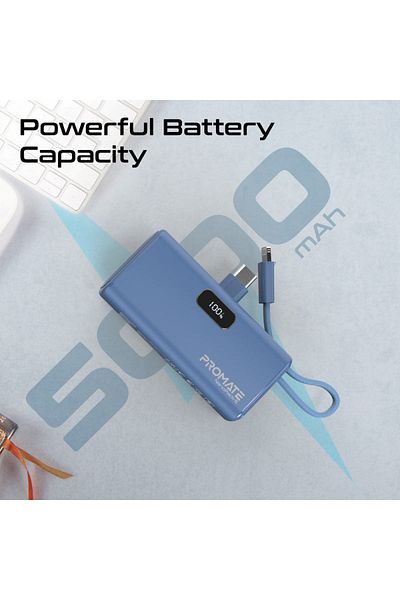 Promate Mini NanoPack-5 Power Bank 5000mAh with Foldable Cable - Navy