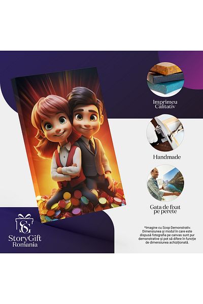 StoryGift Romania Tablou Canvas: Fetita cu Camasa Alba si Vesta Rosie Alaturi de Baietel cu Vesta Gri stau pe Ca