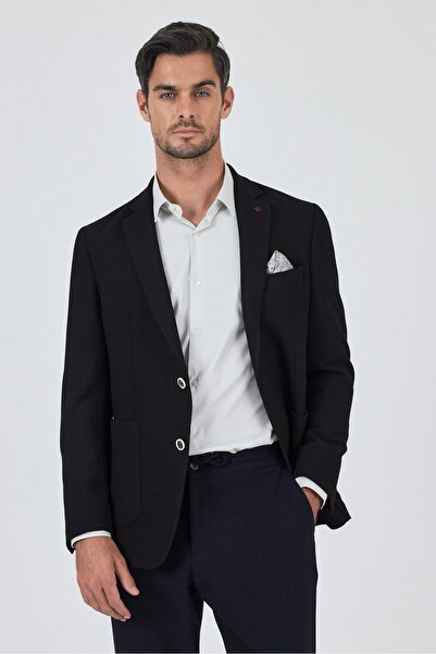 İmza Black Mono Collar Seersucker Flexible 6 Drop Slim Fit Casual Jacket 1002...