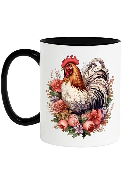 StoryGift Romania Mug with a rooster | illustration | serious | white | flowers | pink | leaves | plants, With ,STG
