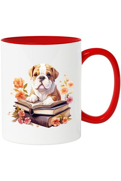 StoryGift Romania Mug with a Bulldog puppy holding an open book | illustration | flowers | studi, Cu,STG