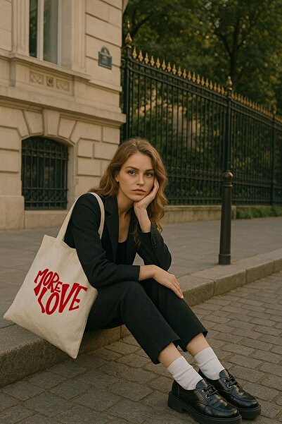 Çınar Bez Çanta More Love Baskılı Ham Bez Çanta