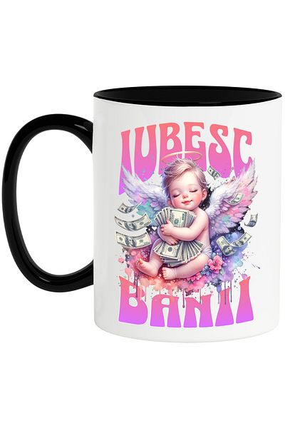 StoryGift Romania Pink angel mug with wings in the sky text I love money, 330ml, Ceramic with Black Handle, With ,STG