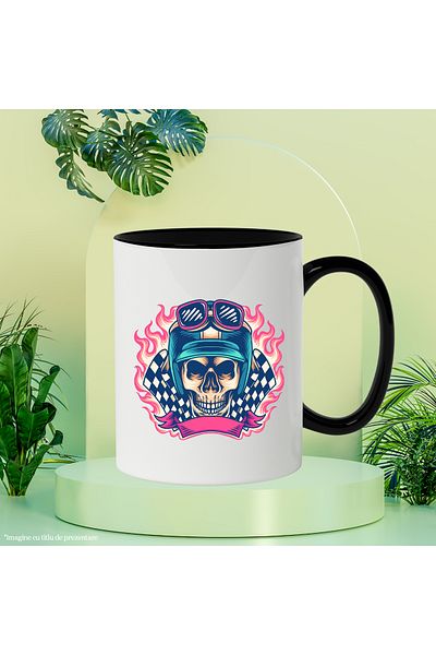 StoryGift Romania Mug With Skull, Glasses, Helmet, Flames, Racing, Ribbon, Multicolor 330 ml, Ce, Cu,STG