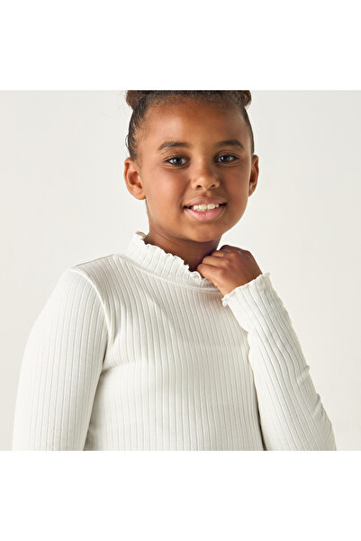 Juniors Ribbed Turtle Neck T-Shirt With Long Sleeves With Lettuce Hem