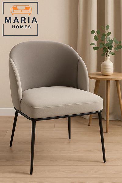 MARIA HOMES Modern Lounge Chair – Soft Grey Upholstered Armchair with Sleek Black Metal Legs