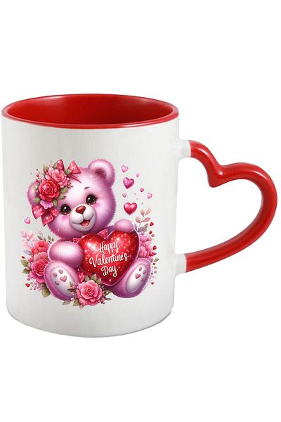 StoryGift Romania Mug with a cheerful teddy bear | illustration | holding a heart with the message "Happy, With, STG"
