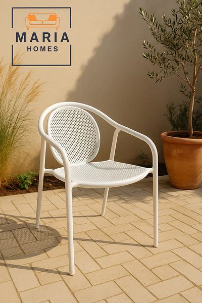 MARIA HOMES Modern White Metal Mesh Chair with Armrest – Indoor Outdoor Use, Stylish & Durable Seating