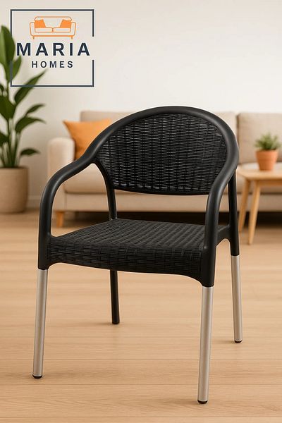 MARIA HOMES Black Rattan-Style Plastic Chair with Silver Legs – Indoor Outdoor Durable Seating