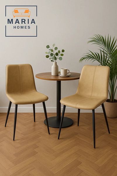 MARIA HOMES Beige Faux Leather Dining Chair with Stitch Detail and Black Metal Legs – Modern Minimalist Design
