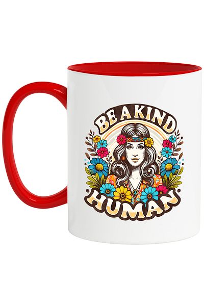 StoryGift Romania Mug with the message "Be a kind human", hippie style, culture, illustration, psychedelics, With ,STG
