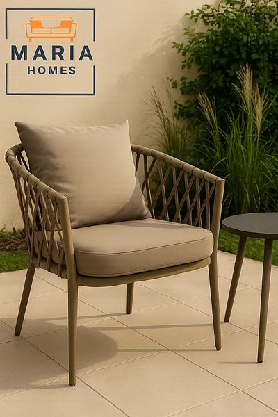 MARIA HOMES Gray Outdoor Rope Accent Chair with Cushions – Modern Patio & Balcony Seating