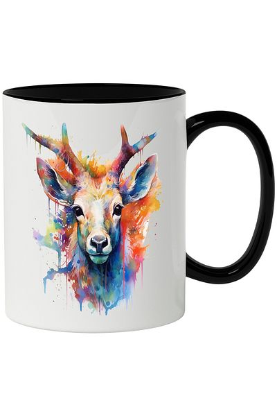 StoryGift Romania Deer Head Mug, Antlers, Watercolor, Paint Splatters, Multicolor 330 ml, Ceram, With ,STG