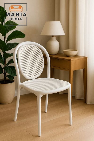 MARIA HOMES White Modern Plastic Dining Chair – Ventilated Backrest for Indoor & Outdoor Use