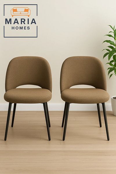 MARIA HOMES Contemporary Brown Fabric Lounge Chair – Curved Back Upholstered Seat with Black Metal Legs