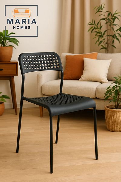MARIA HOMES Modern Black Plastic Chair with Perforated Back and Seat – Lightweight & Stackable