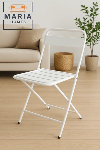 MARIA HOMES White Metal Folding Chair with Slatted Design – Lightweight and Compact for Indoor/Outdoor Use