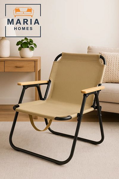 MARIA HOMES Beige Folding Canvas Chair with Wooden Armrests – Portable Outdoor & Camping Seat