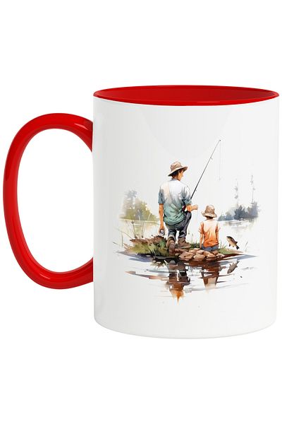 StoryGift Romania Mug with a father fishing with his son | illustration | fish | fishing rod | lake | pad, With ,STG