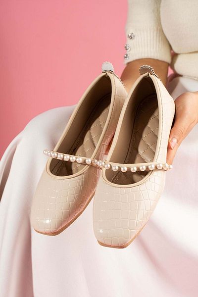 AYAKCİTY Crocodile Patterned Ballerinas with Pearl Band Accessories