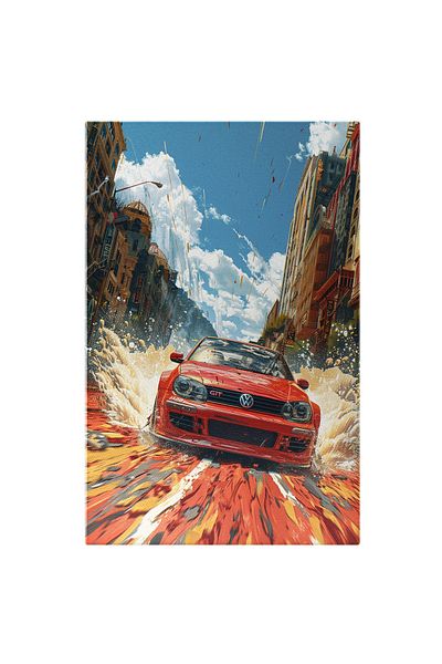 StoryGift Romania Tablou Canvas Volkswagen Masina Rosie De Viteza Merge Cu Viteza Printre Blocuri Imprastiind Ap