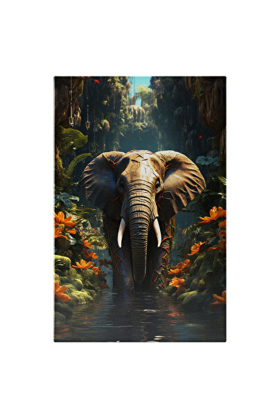 StoryGift Romania Tablou Canvas: Portret Elefant În Jungla Cu Pomi Și Flori M...