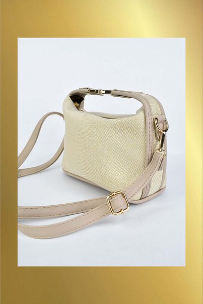 Biriz Moda Women's Canvas Fabric Hand and Shoulder Bag with Metal Handle Detail - Cream
