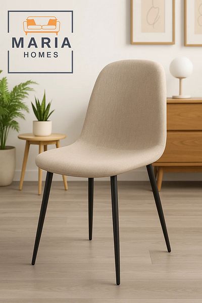 MARIA HOMES Beige Fabric Dining Chair – Modern Upholstered Seat with Black Metal Legs for Home, Café, or Office