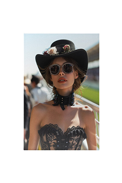 StoryGift Romania Tablou Canvas Vogue Lady Cu Palarie Neagra Si Ochelari De S...