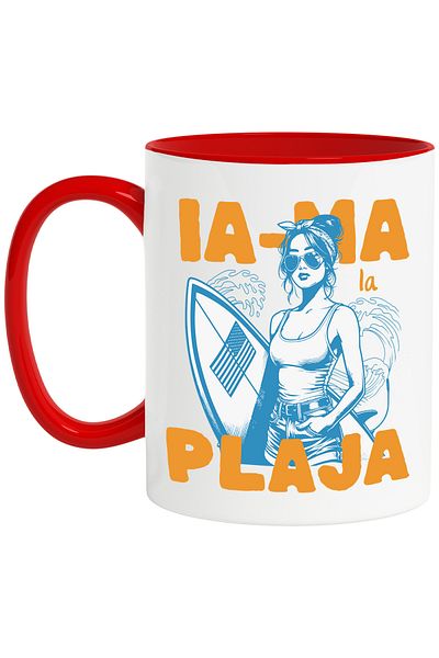 StoryGift Romania Take me to the beach mug girl ready to surf sport board, 330ml, Ceramic with Red Handle, With M,STG