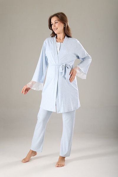 LOHOUSE Women's Blue Melange Lace Design Cotton Maternity Maternity Dressing Gown 3-Piece Maternity Pajama Set