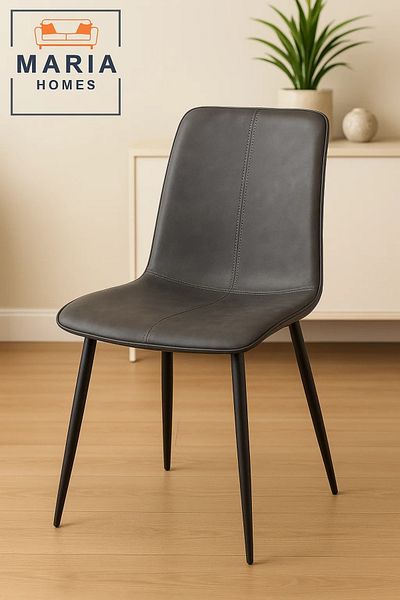 MARIA HOMES Dark Grey Faux Leather Dining Chair with Stitch Accent and Black Metal Legs – Contemporary Design