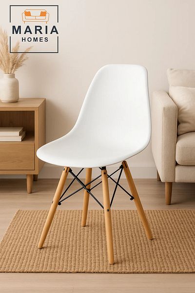MARIA HOMES White Modern Plastic Dining Chair with Wooden Legs – Minimalist Design for Home, Office, or Café Use