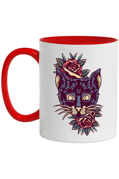 StoryGift Romania Cat Head Mug, Flowers, Leaves, Petals, Retro, Multicolor 330 ml, Ceramic, With ,STG