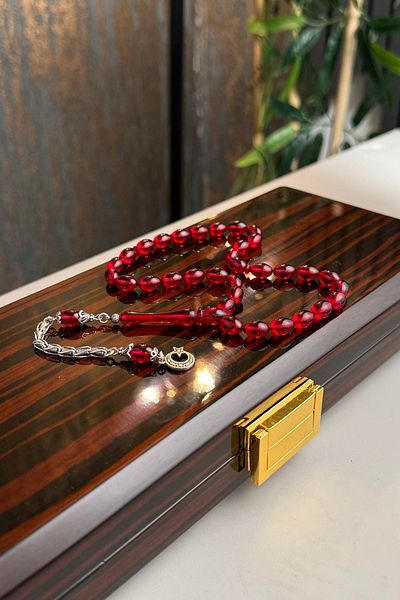dergah tesbih Moon Star Amber Prayer Beads - Embroidered Design