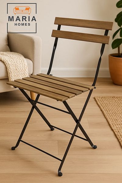 MARIA HOMES Folding Wooden Bistro Chair – Rustic Outdoor & Indoor Seating with Black Metal Frame
