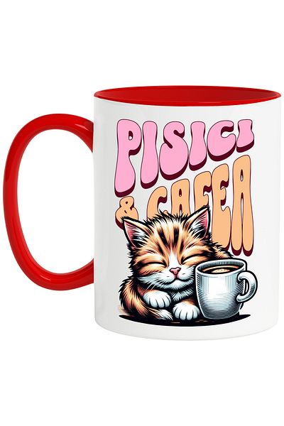 StoryGift Romania Cats & Coffee Mug Sleeping Cat Coffee Cup, 330ml, Ceramic with Red Handle, With M,STG