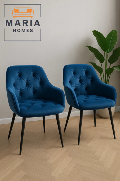 MARIA HOMES Royal Blue Velvet Armchair – Tufted Upholstered Chair with Black Legs for Home, Office, or Lounge