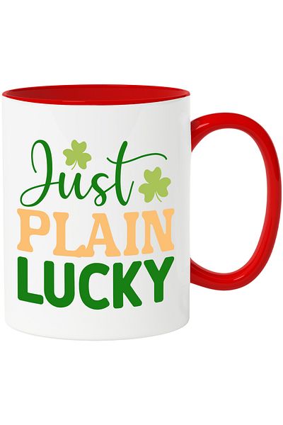 StoryGift Romania Mug with clover and the text "Just plain lucky" - simply lucky with Red Handle, With ,STG