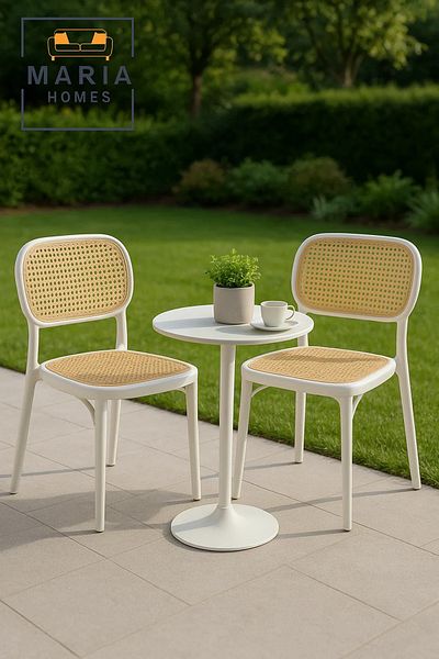 MARIA HOMES Stylish Rattan Back & Seat Chair – White Frame Modern Dining Chair for Home, Café, or Patio