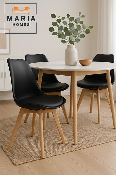 MARIA HOMES Modern Black Dining Chair with Wooden Legs – Ergonomic Plastic Seat for Home, Office, or Café Use