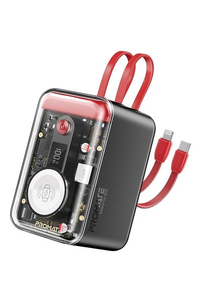 Promate بنك طاقة شفاف 65 وات مع كابل USB-C و Lightning مدمج - 20000 مللي أمبير في الساعة - أحمر