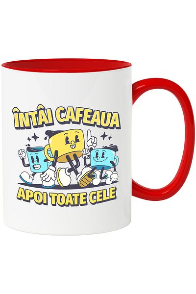 StoryGift Romania First the coffee, then all three cups Mug, 330ml, Ceramic with Red Handle, With Handle, STG