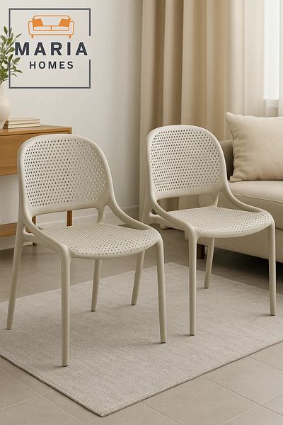 MARIA HOMES Beige Ventilated Plastic Armchair – Modern Perforated Chair for Indoor, Outdoor, or Café Seating